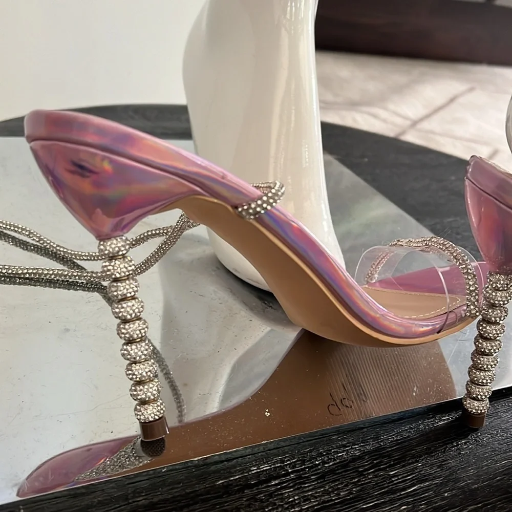 Wrap Around Sz 7.5 Soft Crystal Embossed Wraparound Pink Purple Metallic Heels